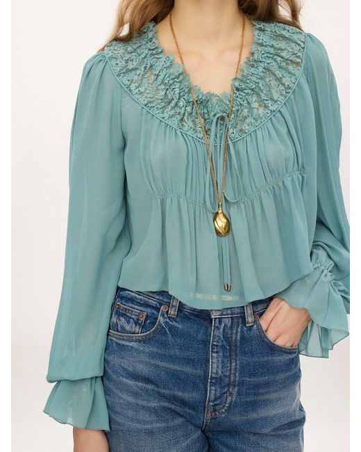 Chloé Blue Scoop-Neck Cropped Silk Blouse