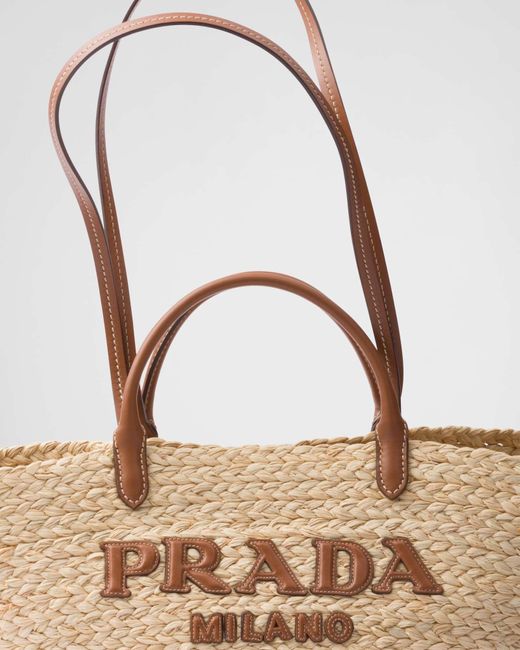 【関税&送料込み】Prada Logo-AppliquAC Woven Tote Bag Prada Logo-Appliqué Woven Top Handle Bag in Natural | Lyst