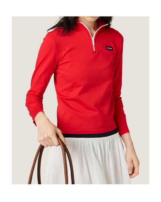 Miu Miu Red Half-Zipped Knitted Top