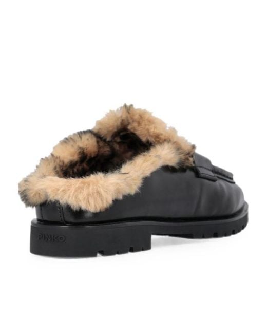 Pinko Brown Shearling-Lined Leather Mules
