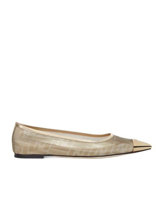 Fendi Natural Champagne-Coloured Metallic Ff Mesh Ballet Flats