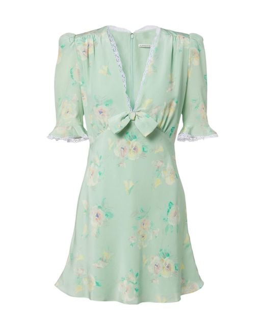 Alessandra Rich Green Lace-Trimmed Floral Silk Minidress
