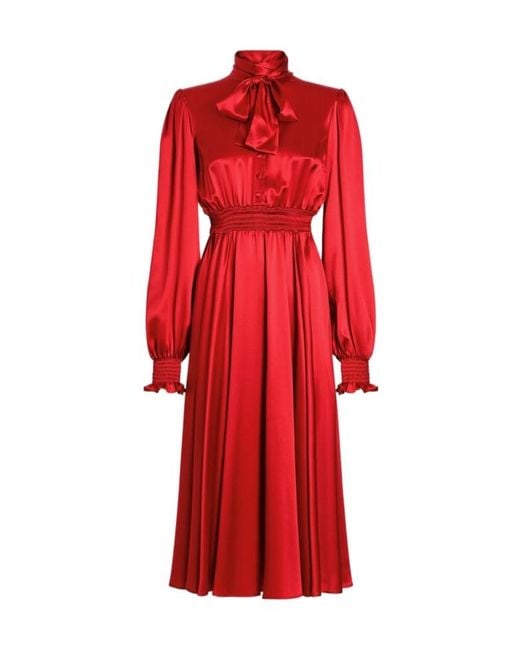 Dolce & Gabbana Red Silk Satin Shirt Dress With Pussy-Bow