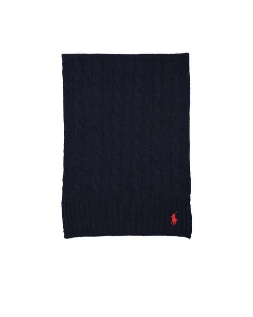 Polo Ralph Lauren Blue Logo Embroidered Cable Knitted Scarf