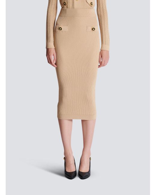Balmain Natural Button Detailed Ribbed Pencil Skirt