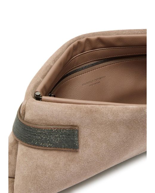 Brunello Cucinelli Gray Bead Embellished Suede Clutch