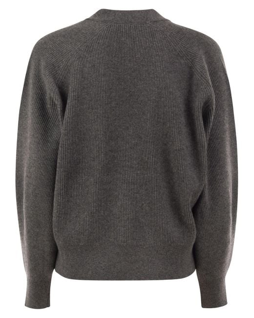 Brunello Cucinelli Black V-Neck Long-Sleeved Knit Top