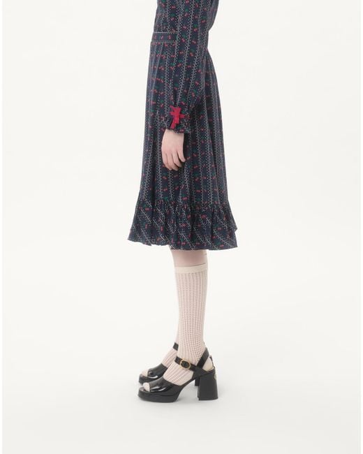 Valentino Blue Crepe De Chine Midi Skirt With Cherryfic Print