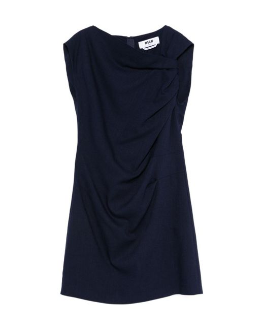 MSGM Blue Twist Detailed Asymmetric Neck Mini Dress