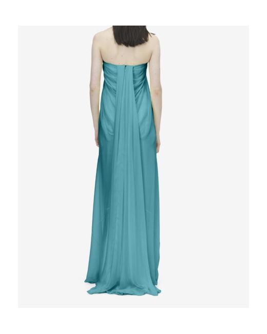 McQueen Blue Strapless Draped Maxi Dress