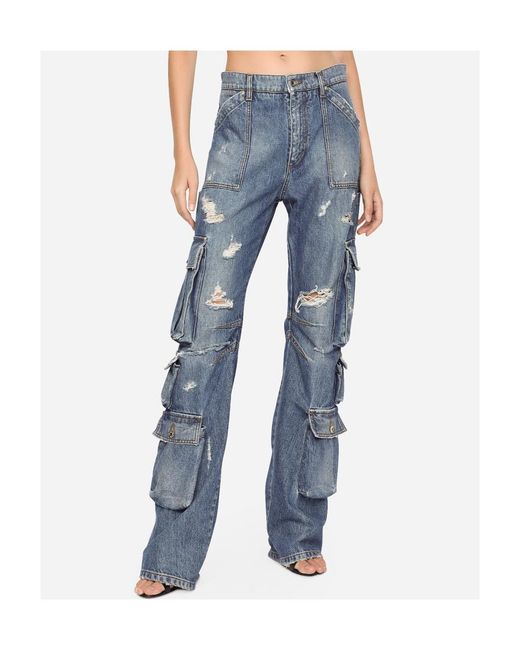Dolce & Gabbana Blue Distressed Cargo Straight-Leg Jeans
