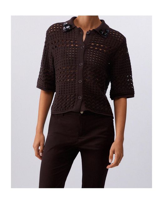 Liu Jo Brown Openwork Embellished Knitted Top