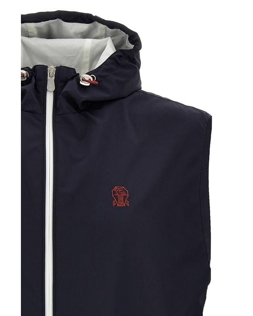 Brunello Cucinelli Blue Logo Embroidered Zip-Up Gilet for men