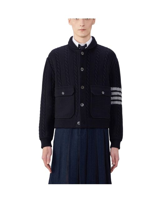 Thom Browne Blue Bar Stripe Cable-Knit Bomber Jacket for men