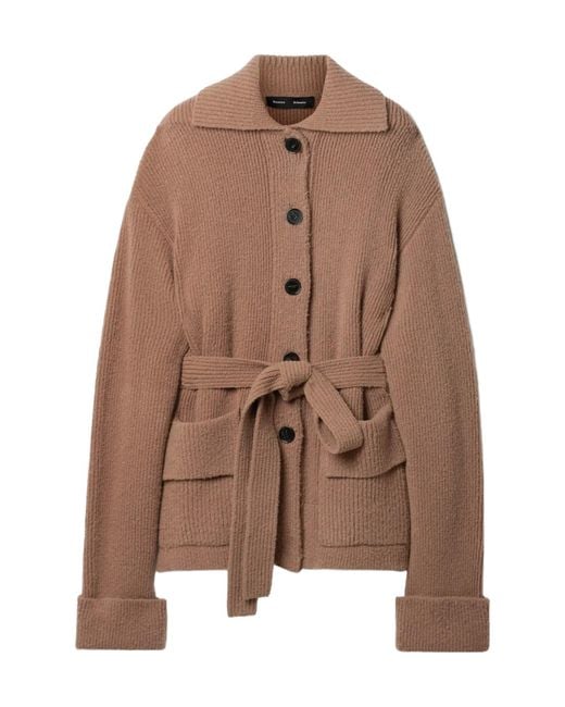 Proenza Schouler Brown Waist-Cinching Ribbed Knit Cardigan
