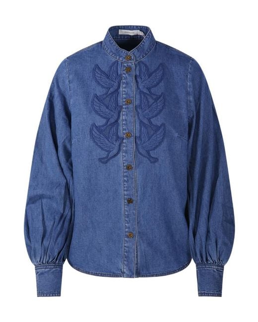 Zimmermann Blue Embroidered Denim Shirt
