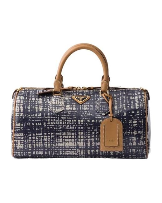 Prada Blue Medium Linen Blend And Leather Top-Handle Bag