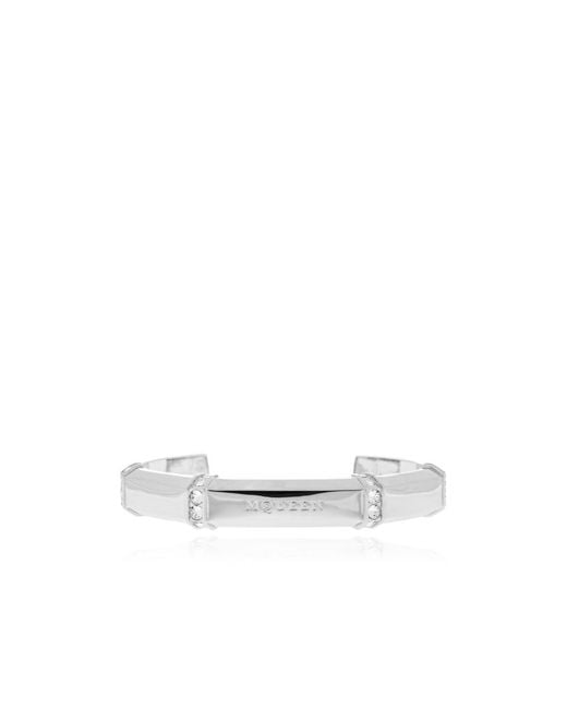 McQueen White Logo Engraved Embellished Bracelet for men