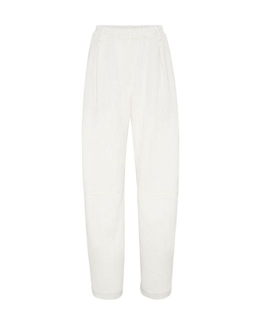 Brunello Cucinelli White Pintuck Detailed Straight Leg Trousers