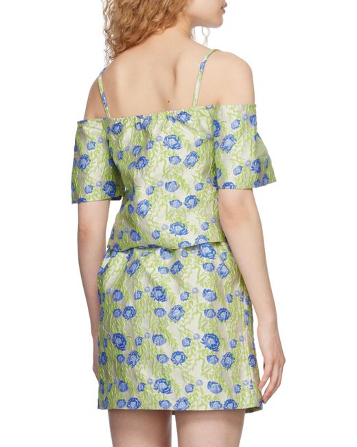 Ganni Green Floral Jacquard Off-Shoulder Blouse