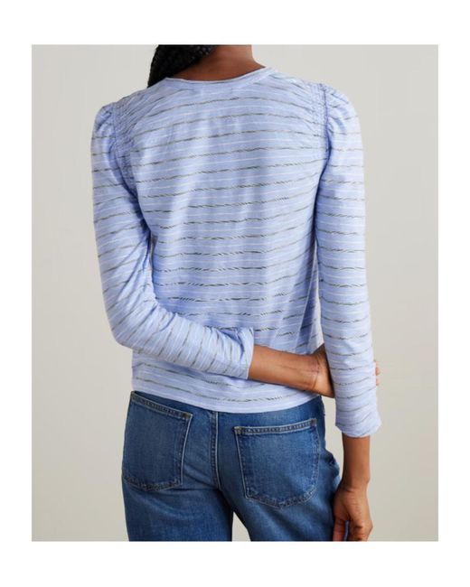 Veronica Beard Blue Bouvet Smocked Ruched Striped Pimaa Cotton T-Shirt