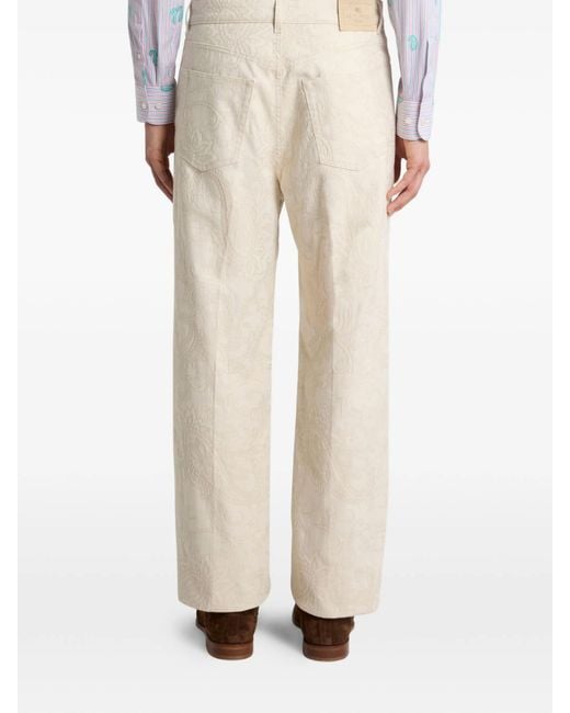 Etro Natural Straight-Leg Denim Jeans With Pressed Creases And Leafy Motif for men
