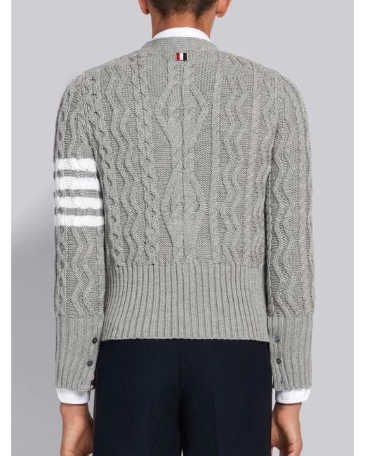 Thom Browne Gray 4-Bar Aran Cable Knit Cardigan for men