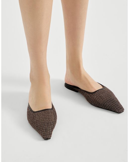 Brunello Cucinelli Brown Square Toe Net-Embroidery Mules