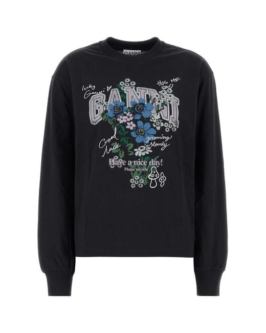 Ganni Black Basic Cotton Long Sleeve T-Shirt With Flower Print