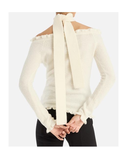 ROTATE BIRGER CHRISTENSEN White Ruffled-Detail Tie Neck Off-Shoulder Top