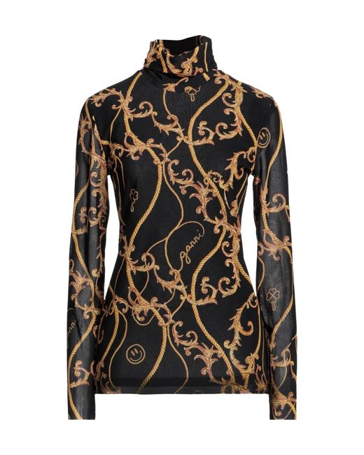 Ganni Black Multi-Color Print Long Sleeve High Neck T-Shirt