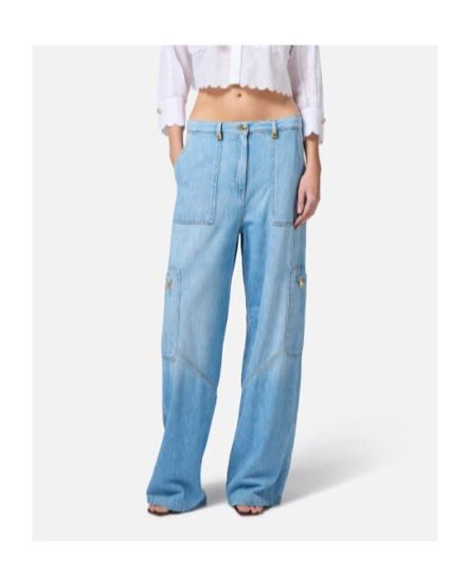 Elisabetta Franchi Blue Maxi Pockets Jewelled Detailed Cargo Jeans