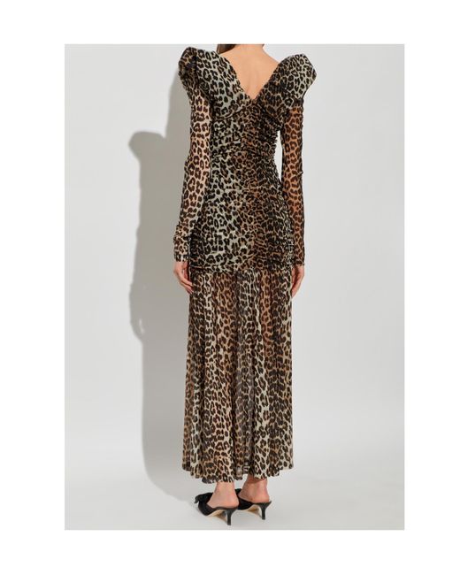 Ganni Natural Leopard Printed V-Neck Dress