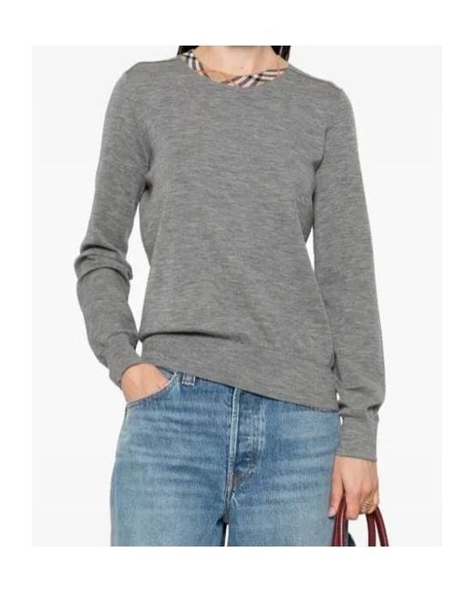 Burberry Gray Checked Crew Neck Pullover Clothing