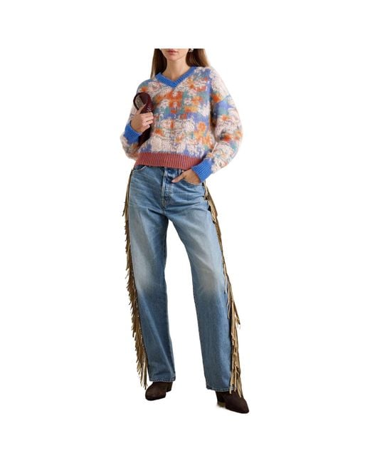 Mother Blue Cropped Intarsia-Knit Sweater
