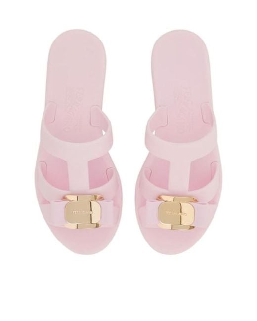 Ferragamo Pink New Vara Plate Slides