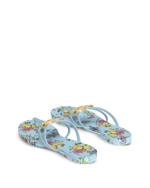Dolce & Gabbana Blue Logo Floral Flip-Flops