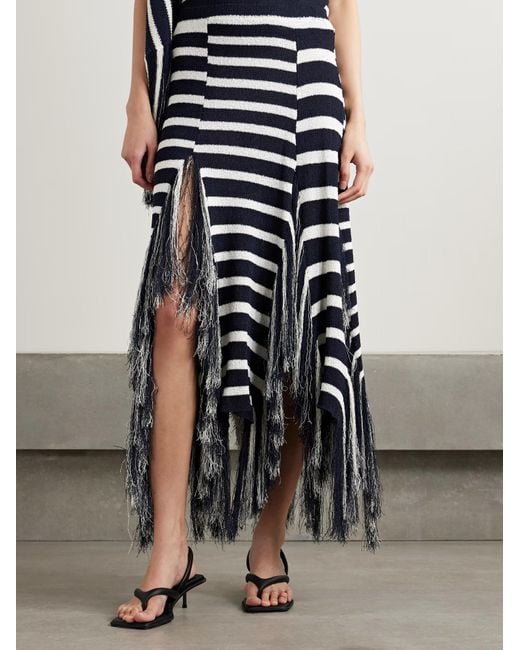 Proenza Schouler Blue Yves Asymmetric Fringed Striped Knitted Maxi Skirt