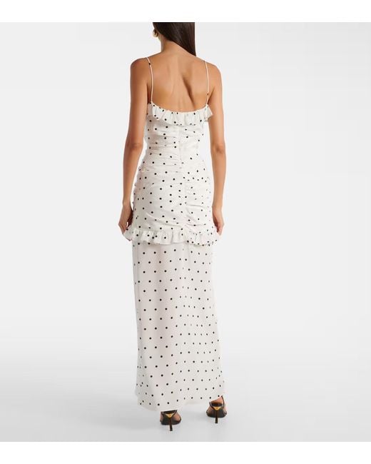Alessandra Rich White Ruched Polka-Dot Silk Maxi Dress