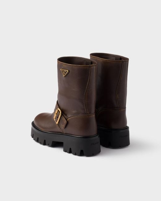 Prada Brown Logo Plaque Buckled Boots