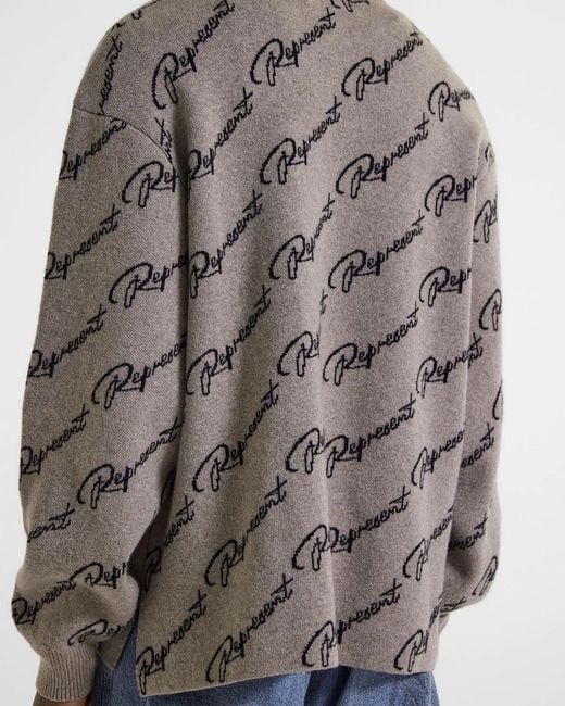 Represent Gray Long-Sleeved Jacquard Sweater With Round Neck for men