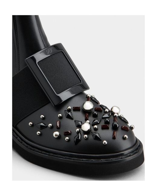 Roger Vivier Black Viv' Rangers Studs Lacquered Buckle Chelsea Ankle Boots