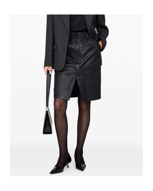 Anine Bing Black Button-Front Leather Skirt