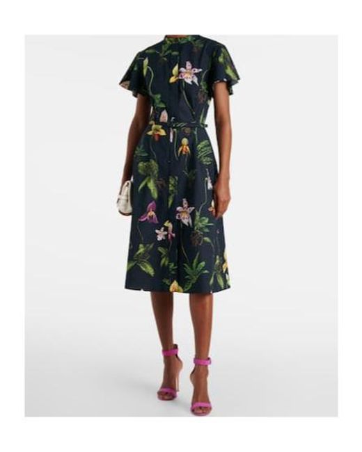 Oscar de la Renta Green Floral Cotton-Blend Midi Dress