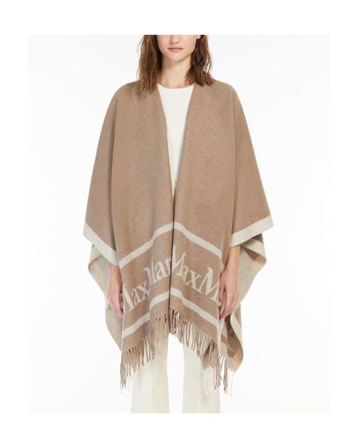 Max Mara Natural Logo Detailed Fringed Knitted Cape