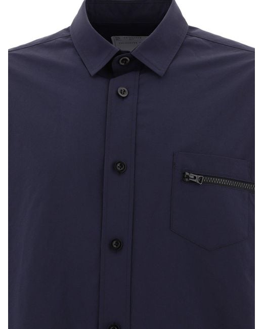 Sacai Blue Zip-Pocket Detailed Short Sleeved Buttoned Shirt for men