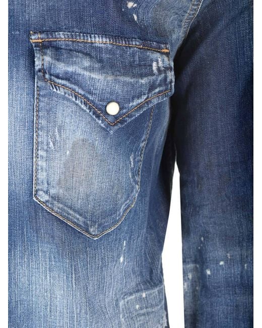 DSquared² Blue Paint-Splatter Denim Shirt for men