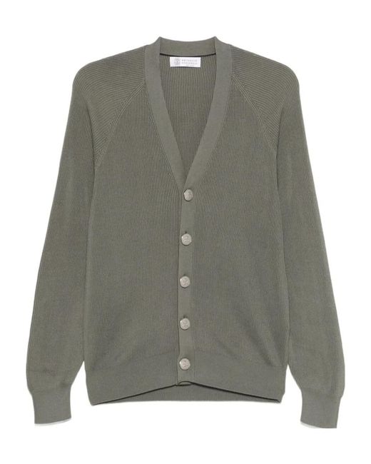 Brunello Cucinelli Gray English Rib Knit Cardigan for men