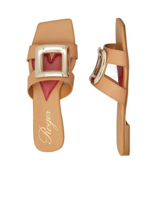 Roger Vivier Brown Logo Engraved Square Toe Sandals
