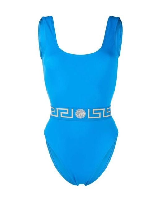 Versace Blue Greca-Waistband Sleeveless Swimsuit
